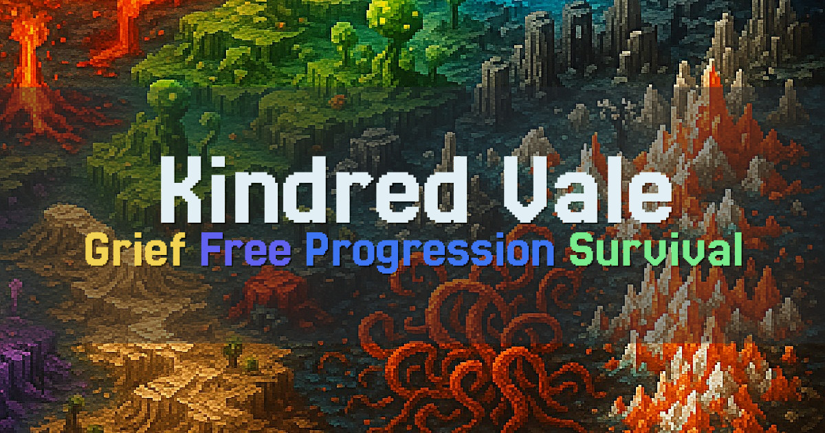 Banner for Kindred Vale Progression Survival With Scaling Mobs (kindredvale.join-mc.com)